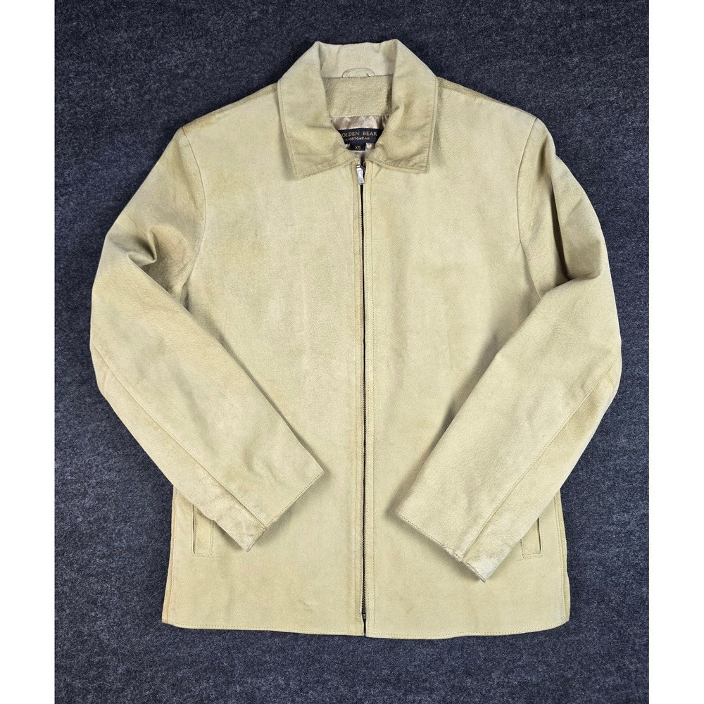 Vintage Golden Bear Sportswear Suede Leather Jacket Beige Zip Front Size XS